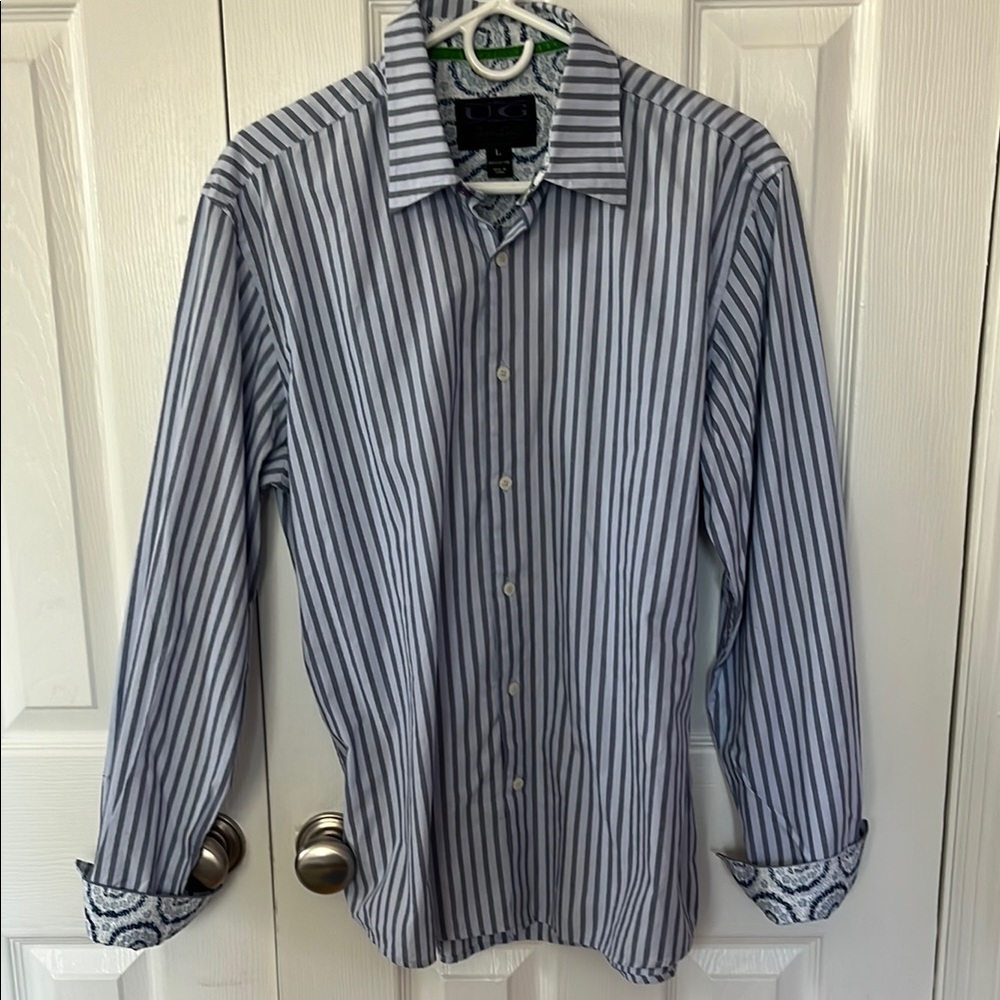 UG Purple Label Blue Patterned Shirt Large stripe Classic Casual 💯 % Cotton